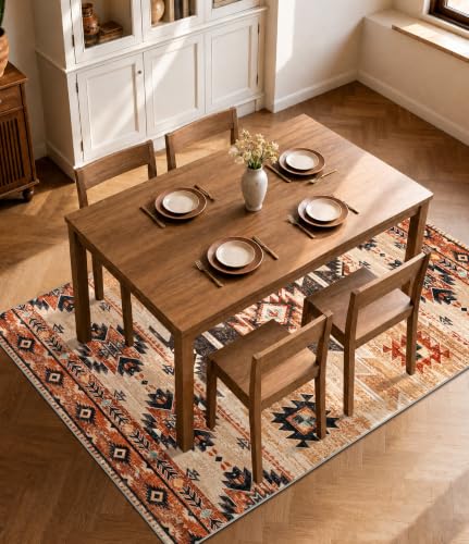 Washable Western Aztec Area Rug 6x9 ft - Terracotta Tribal Pattern for Living Room