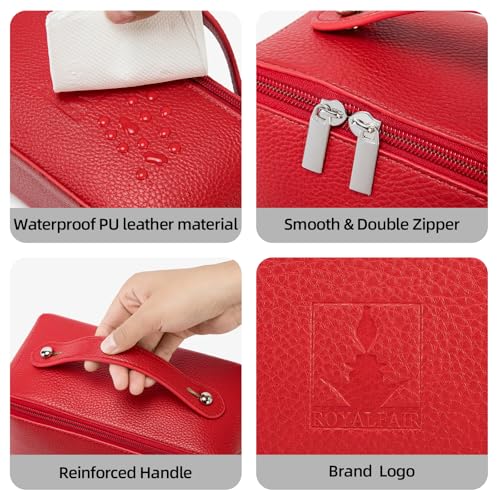 ROYALFAIR Travel Makeup Bag,Large Capacity Cosmetic Bags for Women, PU Leather Waterproof Portable Pouch Open Flat Toiletry Bag Make up Organizer with Divider and Handle (red)