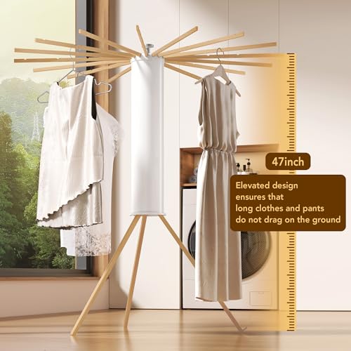 Foldable Tripod Clothes Drying Rack with 16 Beechwood Arms - Wooden Poles