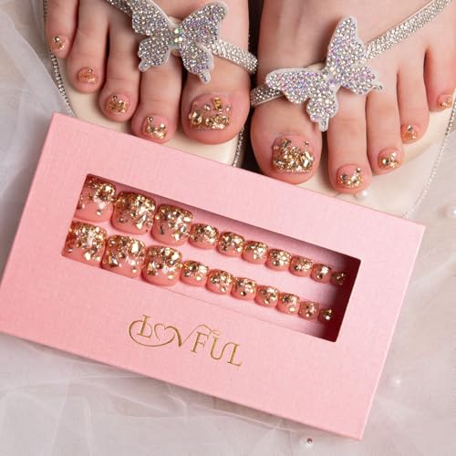 Press On Toenails Golden Glitter - Reusable Fake Toe Nails 20 PCS - Free Size