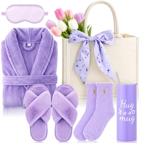 Patelai Purple Spa Robe and Slippers Gift Set for Women - Self Care Gift Basket