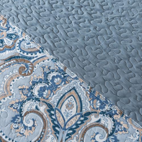 Cotton King Size Reversible Quilt Set with Pillow Shams - Blue Tan Paisley, All Season Bedspread