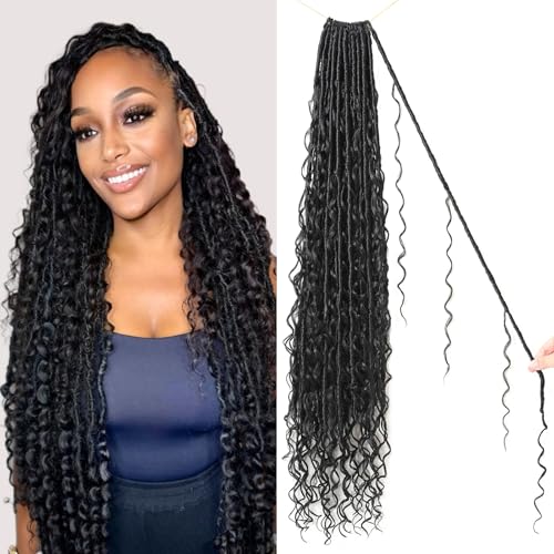 Prelooped Boho Faux Locs Crochet Hair - 1B# Natural Black, 30 Inch, 9 Pack