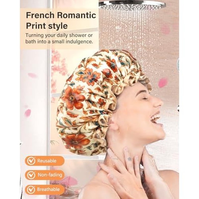 mikimini Large Shower Cap for Women Reusable Waterproof, Extra Large Hair Cap with Adjustable Elastic Band and Vibrant Floral Print, XL Bath Cap for Long Hair & Short Hair