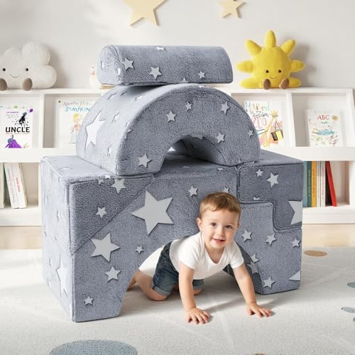 Starry Grey Glow-in-Dark Kids Foam Climbing Couch with Slide & Stairs