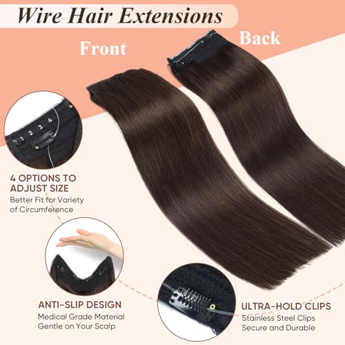 LOUMTE Dark Brown Hair Extensions 20 Inch 105g - Remy Human Hair, Seamless Fish Line, Easy Clip-In - Variation 2#
