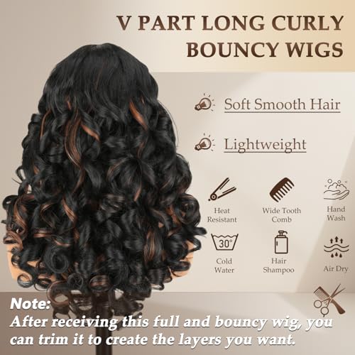 Highlight Brown Synthetic Curly V Part Wig for Black Women - 22 Inch Light & Bouncy