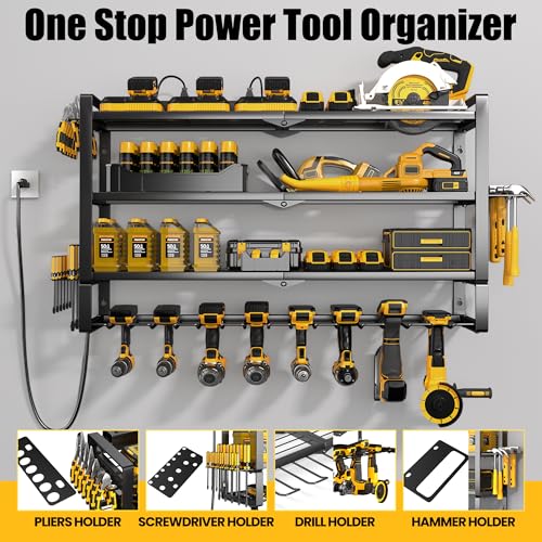 32 Inch Power Tool Wall Mount Organizer with Charging Station - Heavy Duty 4-Tier Metal Rack with Surge Power Strip and 8 Drill Holders