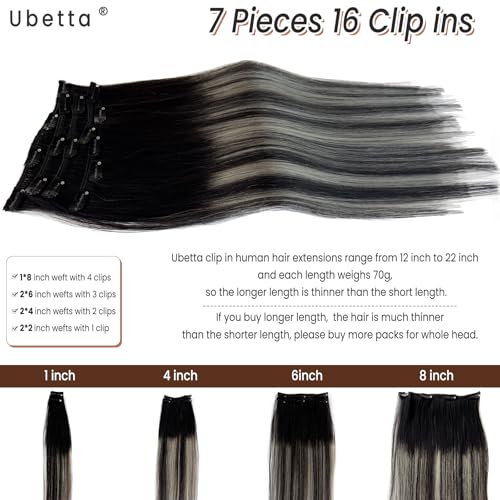 Clip in Hair Extensions - 16 Inch Ombré Black Silver Balayage - 7 pcs Remy Human Hair