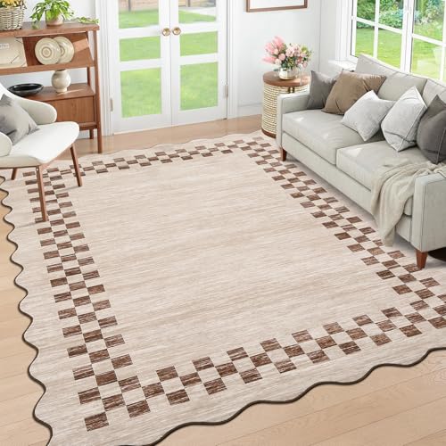 Machine Washable 8x10 Rug for Living Room - Scalloped Beige Large Bedroom Rug