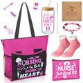 5 Pcs Valentine Nurse Gifts for Women Include Ribbon Zippered Tote Bag Makeup Bag 16 oz Glass Cup Bracelets and Sock Appreciation Gift Set for Galentines Female Gift(Hot Pink,Nurse)