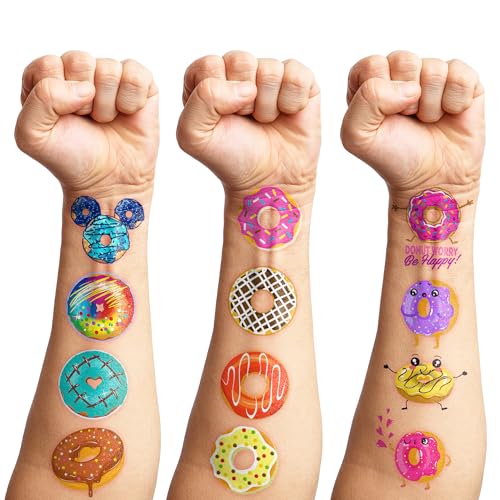 96 PCS Donut Temporary Tattoos Party Decorations Favors Supplies Doughnut Candyland Candy Theme Birthday Cute Sweet Tattoo Stickers Christmas Gifts for Boys Girls Kids Classroom School Prizes Carnival