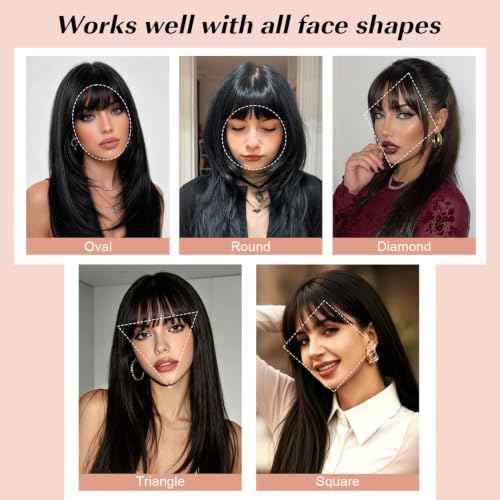 Black Layered Wig with Bangs for Women - 26 Inch Synthetic Long Hair, Realistic Scalp, Glueless & Heat-Resistant, Lightweight & Trendy - Cmorry