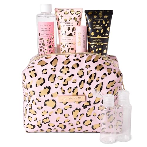 Tahari Vanilla Jasmine Spa Gift Set for Women ? Luxurious Bath Kit with Body Lotion, Body Scrub, Body Wash & Lip Balm with Bag ? Perfect Selfcare Gifts for Women (Leopard)