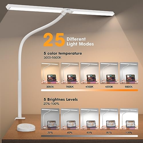 Pzloz White LED Desk Lamp with Clamp - Eye-Caring Adjustable Office Light