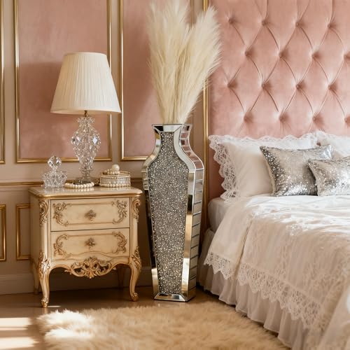 26.8-Inch Silver Crushed Diamond Mirrored Floor Vase with Pampas Grass, Tall Elegant Decor