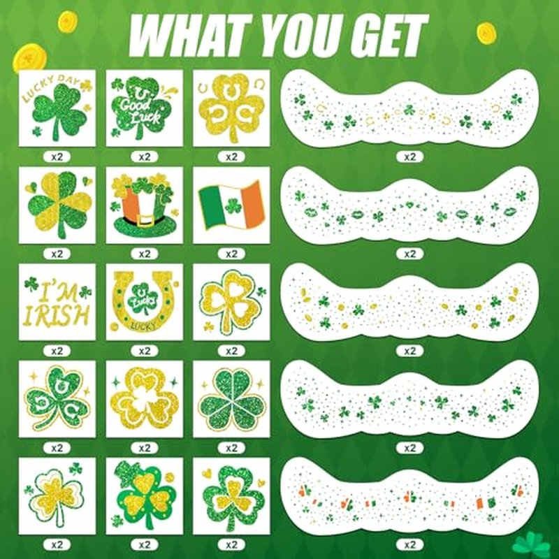 Cerlaza St Patricks Day Accessories, 40 Pcs St Patty's Day Glitter Gold Green Freckles Temporary Tattoos Shamrock Face Stickers, Saint Patricks Party Decorations Outfit Accessories for Women Kids
