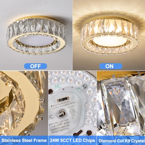 Gold 11-Inch Dimmable Crystal LED Flush Mount Ceiling Light - Modern Luxury Fixture