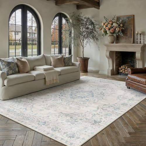 8x10 Blue Washable Neutral Area Rug for Living Room - Non-Slip, Soft