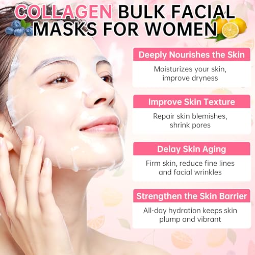 40Pcs Collagen Face Masks Skincare Set for Women, Spa Face Mask with Collagen Extract, Bulk Facial Mask for Teen Girls, Korean Face Mask Sheet Gift for Sensitive Skin, Daily Hydrating Skincare Routine