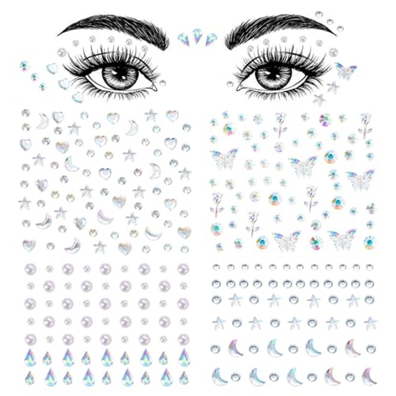 4 Sheets Face Gems Stickers, Self-Adhesive Face Jewels Diamonds Rhinestones for Makeup, Eyes, Nail Pearls Star Temporary Decoration Tattoos