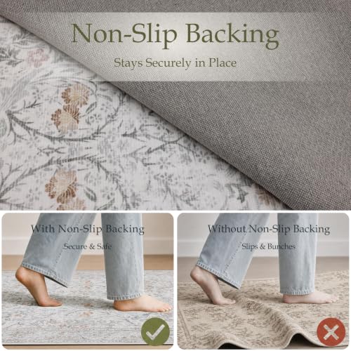 8x10 Beige Washable Area Rug - Large Vintage Floral Carpet for Living Room