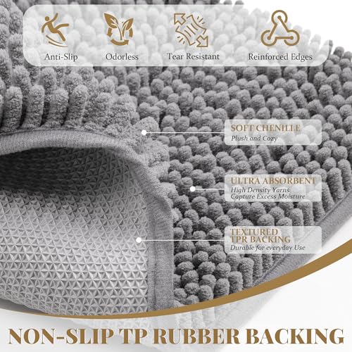 60 x 36 Inch Grey Chenille Bath Rug - Soft, Absorbent, Quick Drying Bathroom Mat with Rubber Backing