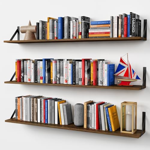 Forbena 48 Inch Wall Floating Shelf, 8" Deep Rustic Brown Wood with Black Metal Brackets