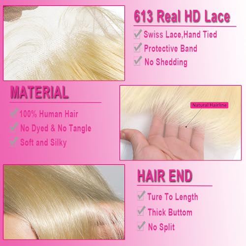 613 Blonde HD Lace Frontal Closure 13x6 14 Inch Brazilian Virgin Remy Human Hair - Free Part, Pre Plucked, Baby Hair