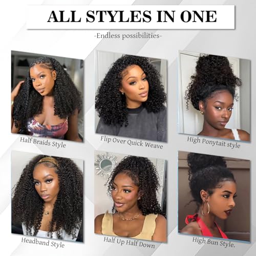 Natural Color 20 Inch Human Hair Half Wig 3-in-1 Kinky Curly Drawstring Seamless Flip Headband Wig for Beginners
