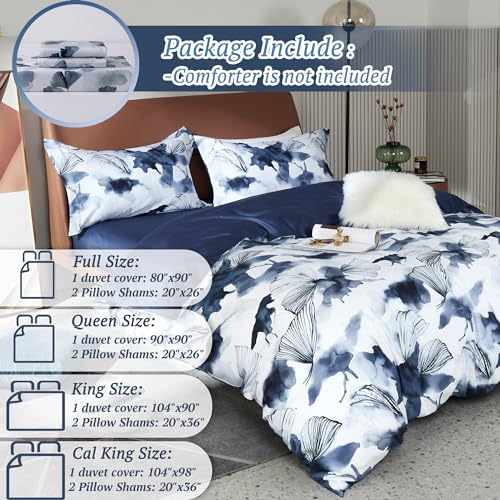 Navy Blue Queen Duvet Cover Set 3 Pieces Floral Spring Pattern Zipper & Ties