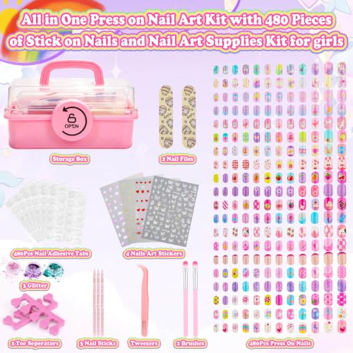 Pink Kids Press-On Nail Art Kit with 480 Fake Nails & Storage Case
