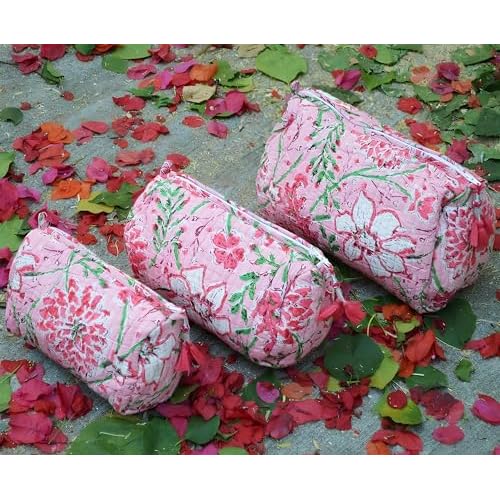 INDACORIFY 100% Cotton Block Print Cosmetic Toiletry Bags Boho Beauty Toiletry Kits Travel Case Pouch for Women's Printed Cotton Tote Bag (Pattern- 28)