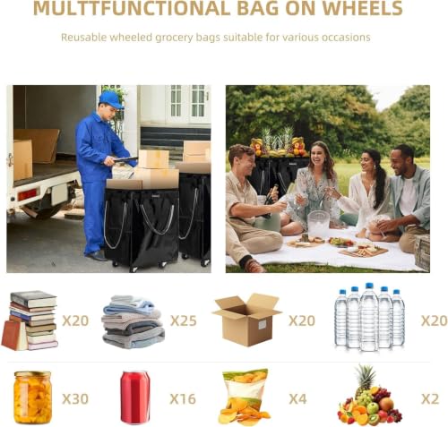 Xiktslin Large Black Reusable Foldable Rolling Grocery Tote with 5 Wheels
