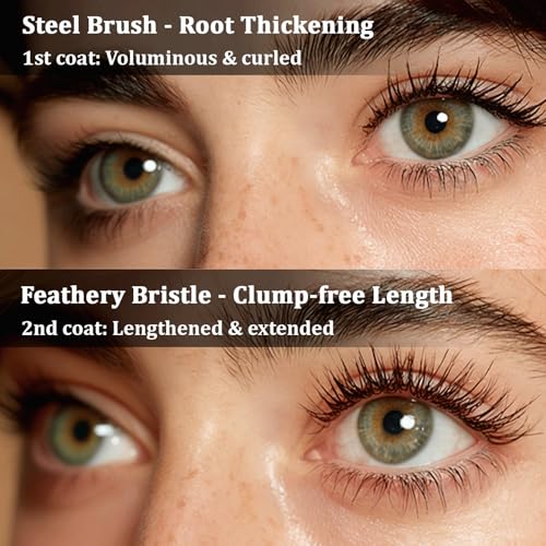 Feather Lash Iron Wand Mascara, Dual-Wing Brush, Metal Wand & Precision Comb, Fiber-Infused 3D Curling Volume & Length, Waterproof, Clump-Free & Smudge-Proof, for All Lash Types (Black)