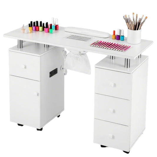Manicure Table Nail Tech Desk with Electric Dust Collector, Nail Table Station w/Charging Socket, 4 Drawers, Lockable Wheels & 2 Wrist Rests – Professional Nail Station for Salon & Home, Snowy White