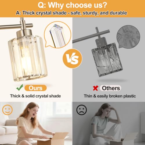 Brushed Nickel 3-Light Bathroom Vanity Light Fixture with Crystal Shades - Modern Wall Sconce for Mirror, Bedroom, Hallway