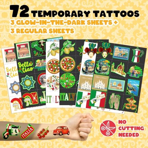 96 PCS Italy Party Favors Set ? 72 Pre-Cut Tattoos & 24 Slap Bracelets, Perfect for Travel-Inspired Birthdays & Cultural Celebrations