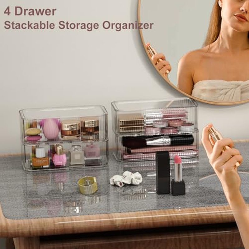 4 Pack Stackable Storage Drawers, Clear Acrylic Makeup Organizer for Vanity, Plastic Storage Bins, Multi-Purpose Cosmetic Display Organizers for Jewelry, Bathroom, Office, Pantry, Home Organization