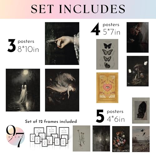 Dark Academia Gothic Wall Art Set - Framed Poster Collection 12x8x10 Black Frame