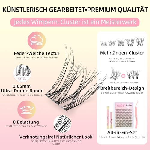Natural Wispy Lash Clusters Kit, C Curl Soft Individual Lashes 8-16mm, DIY Eyelash Extensions with 0.05mm Thin Invisible Band, DIY Salon Kit with Bond Seal Remover Tweezer, FayJoo AIRY 12 Kit