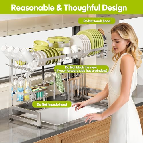 Over Sink Dish Drying Rack with Cup and Utensil Holder - Silver, 2 Tier, Adjustable Length