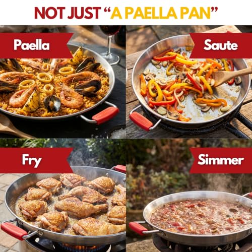 20 Inch Stainless Steel Paella Pan - Large Tri-Ply 14 Serving Paellera for Outdoors & Oven Safe