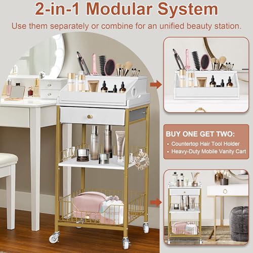 Makeup Organizer Cart with Detachable Hair Tool Holder - Gold, 15-Inch Wide