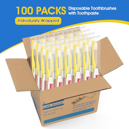 Yellow Disposable Toothbrushes with Toothpaste - 100 Pack Individually Wrapped