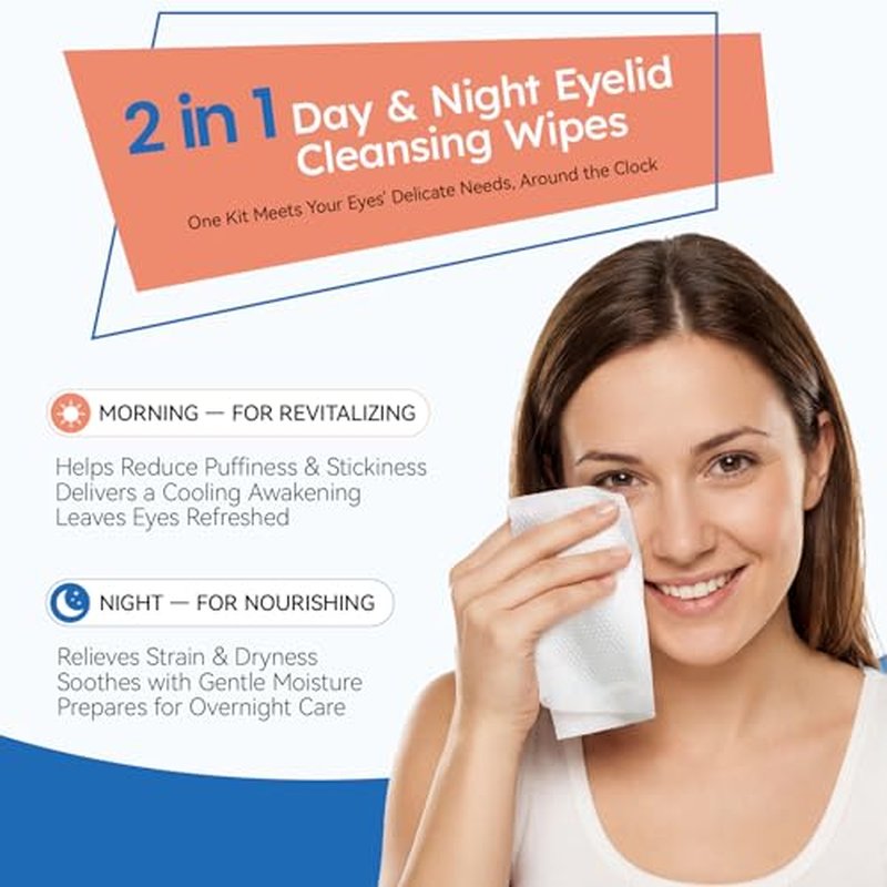 Day & Night Eyelid Wipes for Dry Eyes & Blepharitis Relief - Morning Revitalizing & Evening Soothing Restoration, Dual Use Eyelid & Lash Cleaner for Women and Men, Travel Essentials