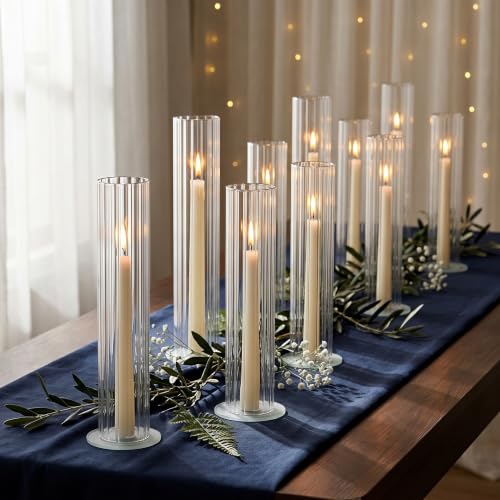 12 Pcs Ribbed Hurricane Glass Candle Holders - 14 Inch Tall, Open Ended