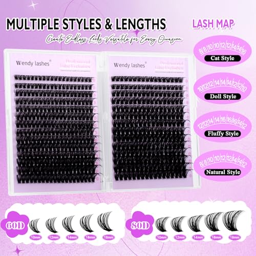 WENDY LASHES Lash Clusters 60D+80D Eyelash Clusters 518PCS Wispy Individual Lashes, 10-18MM D-curly Lash Extension DIY Cluster Eyelash Extensions for Beginners