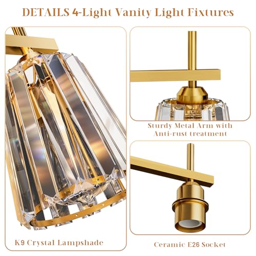 KernLite Gold 4-Light Crystal Bathroom Vanity Light Fixtures Over Mirror - Modern Wall Sconce with Ceramic E26 Base, Up or Down Mount