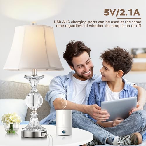 Glass Table Lamps Set of 2 - Modern Dimmable Touch Nightstand Lamps with USB - Brushed Silver & Clear